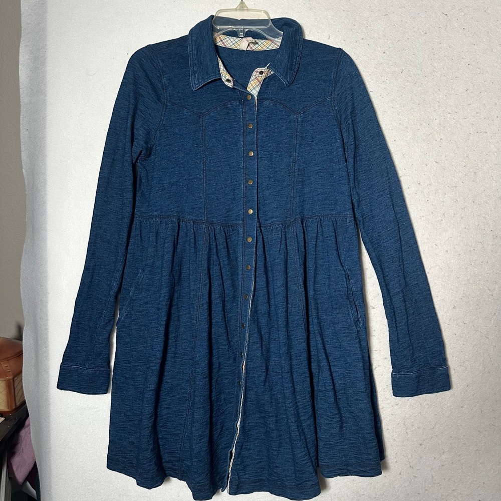 Free People Blue Knit Western Snap Front Mini Shirt Dress Plaid Trim Medium